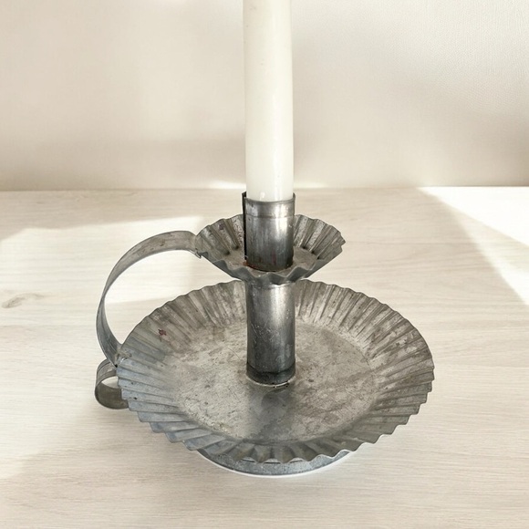 Vintage Primitive Galvanized Tin Chamberstick Candle Holder and Tapered Candle - Picture 2 of 4